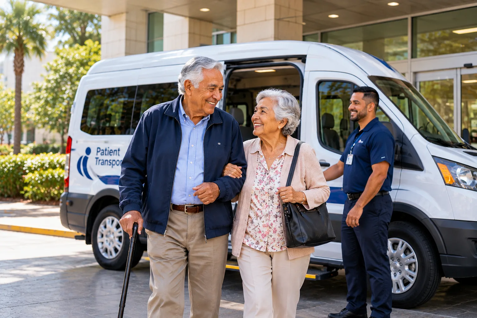 An older couple walks arm in arm toward a clinic entrance while a driver waits by the van.