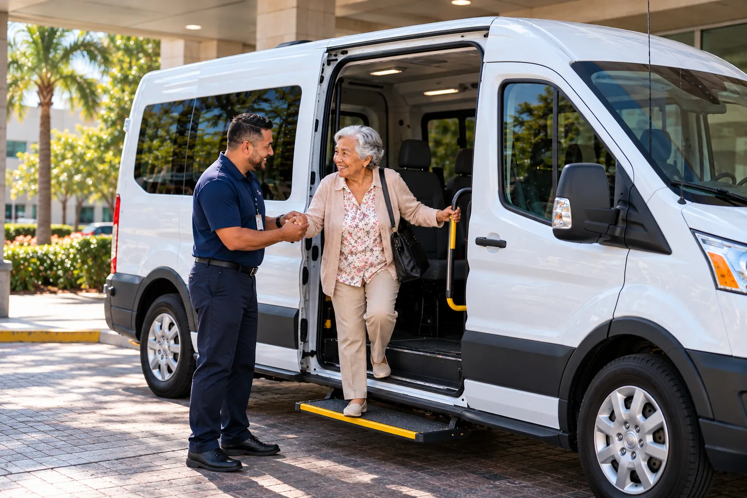 A driver helps a smiling passenger step out of a white medical transport van.