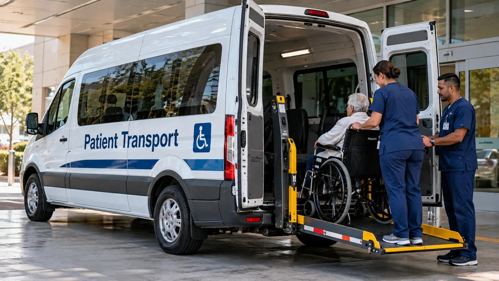 Staff help a passenger in a wheelchair onto a van lift.